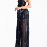 Sequin Fringe Deep V Neck Maxi Dress