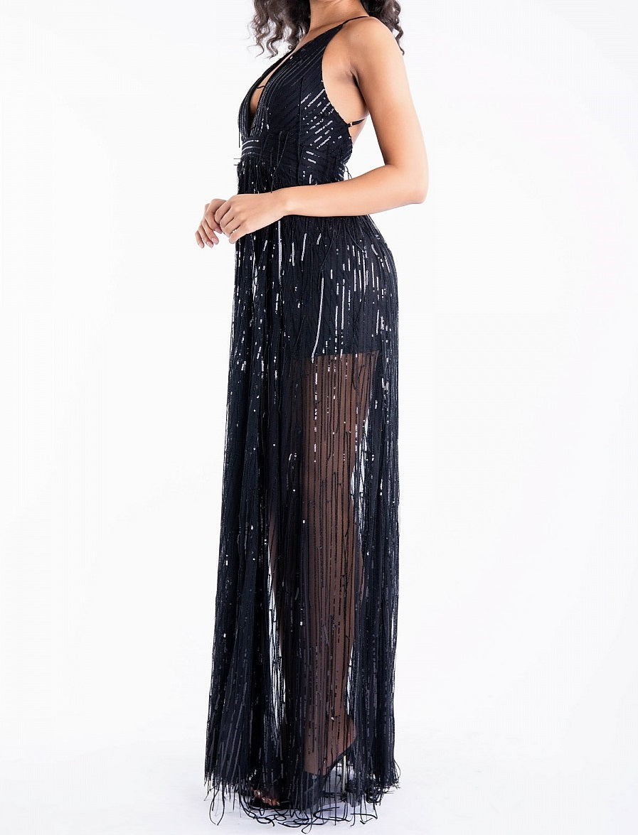 Sequin Fringe Deep V Neck Maxi Dress
