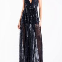 Sequin Fringe Deep V Neck Maxi Dress