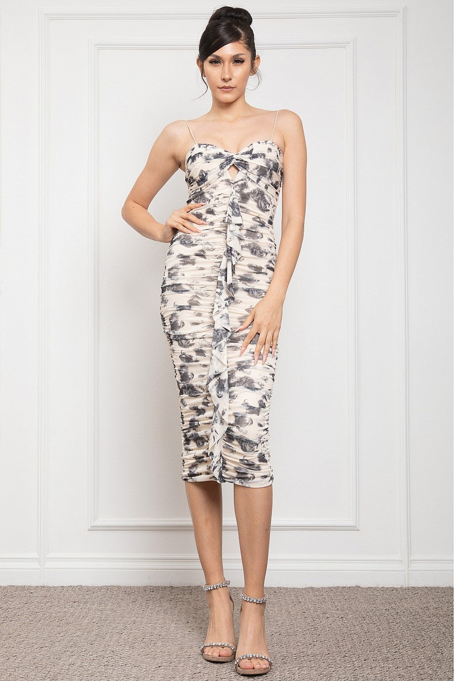 Spaghetti Strap Ruffled Rouched Midi Dress