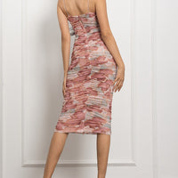 Spaghetti Strap Ruched Bodycon Print Midi Dress