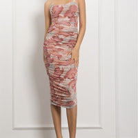 Spaghetti Strap Ruched Bodycon Print Midi Dress
