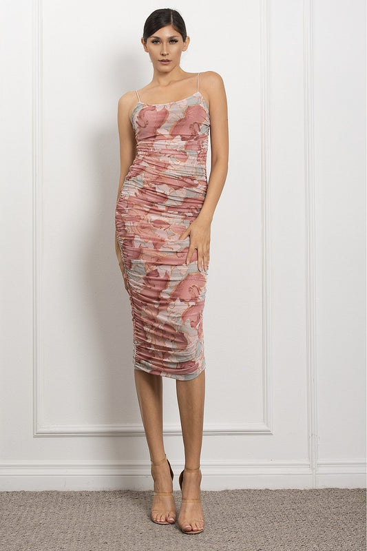 Spaghetti Strap Ruched Bodycon Print Midi Dress