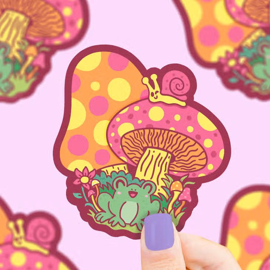 Frog And Snail Art Cottagecore Mushroom Vinyl Sticker