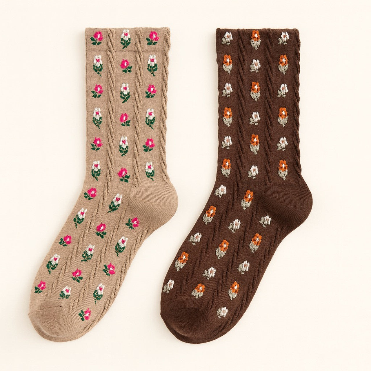 Chloe Floral Applique and Pointelle Crew Socks in Espresso & Latte (2 pack)