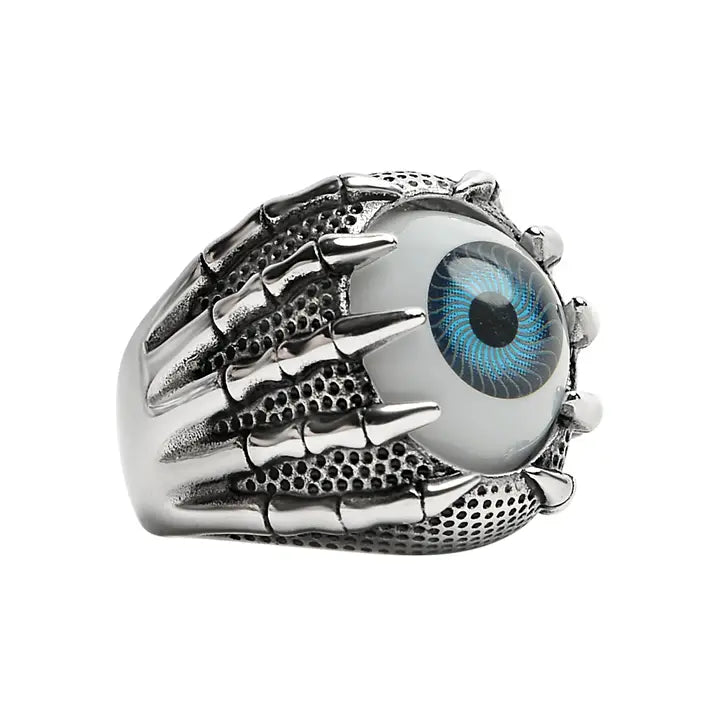 Stainless Steel Skeleton Hands Holding Blue Eyeball Ring