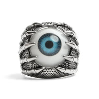 Stainless Steel Skeleton Hands Holding Blue Eyeball Ring