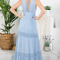 Blue Lace V-Neckline Tiered Maxi Dress