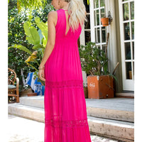 Fuchsia Lace V-Neckline Tiered Maxi Dress
