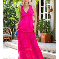 Fuchsia Lace V-Neckline Tiered Maxi Dress