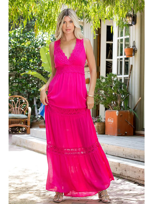 Fuchsia Lace V-Neckline Tiered Maxi Dress