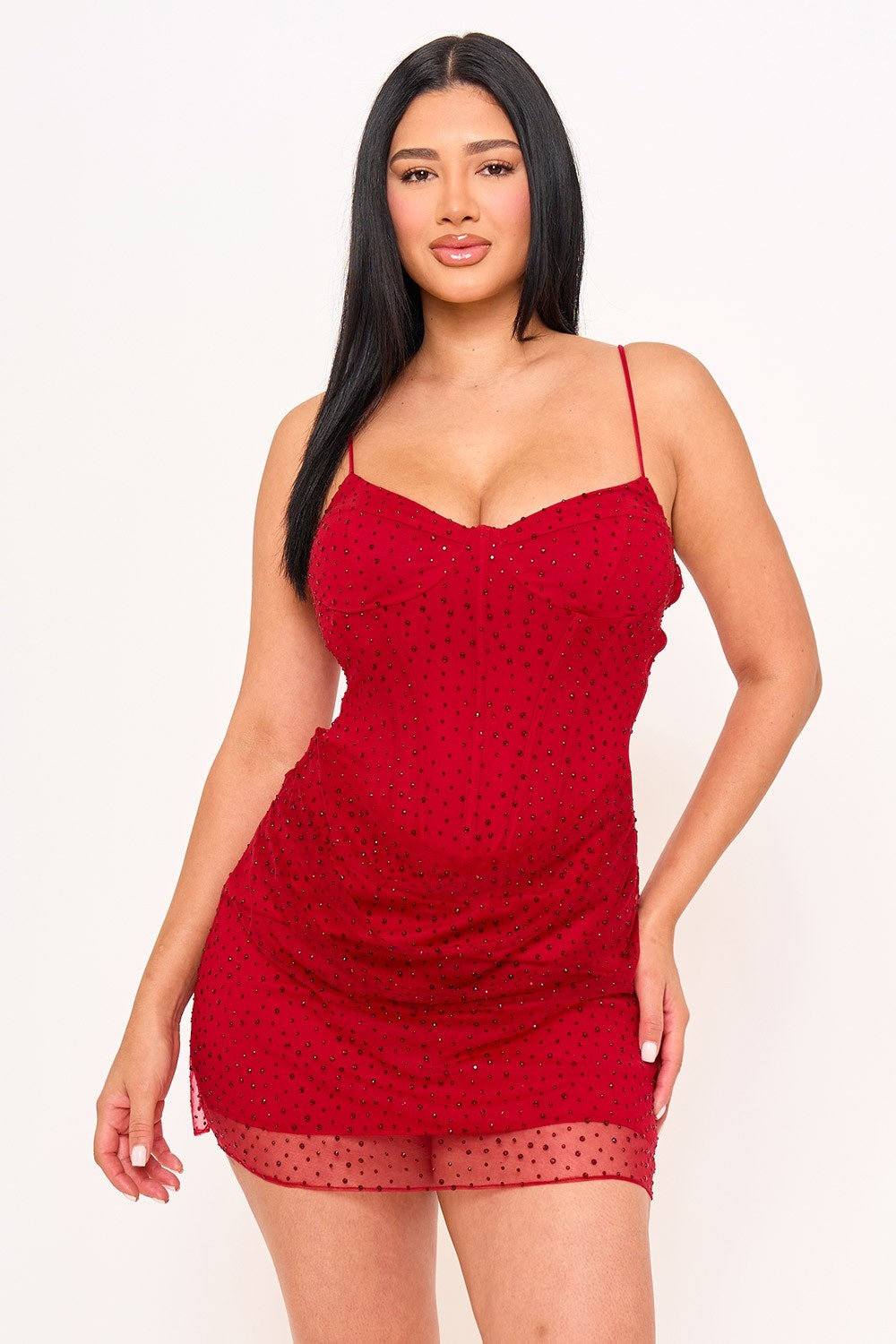 Rhinestone On Overlay Mesh Mini Dress