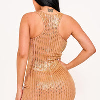 Rhinestone On Slinky Foil Crop Top Mini Dress