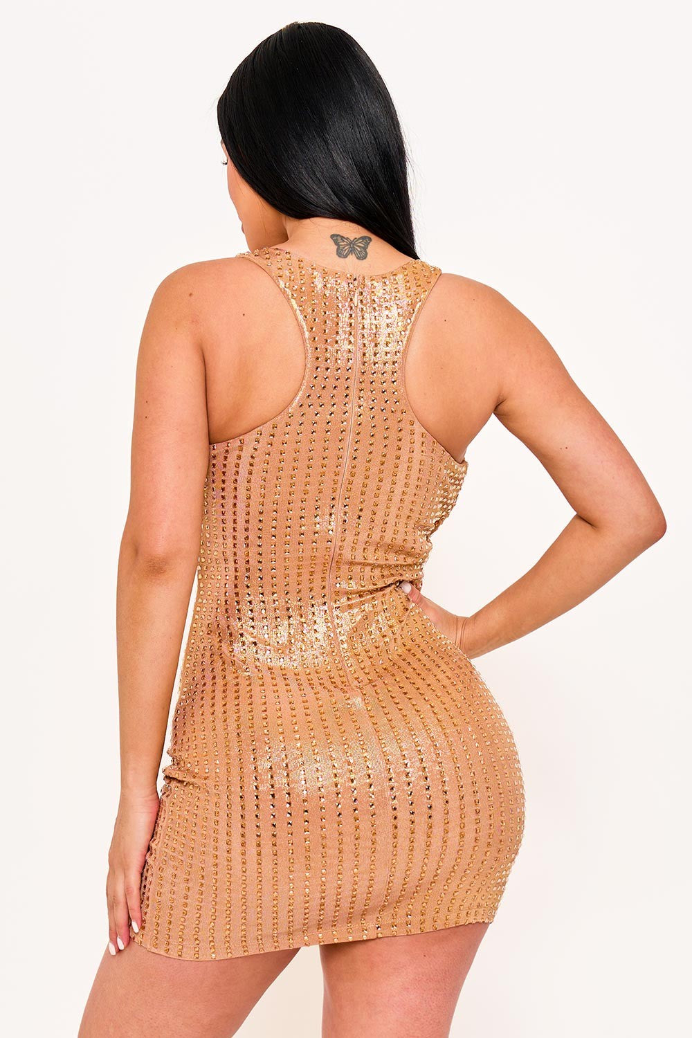 Rhinestone On Slinky Foil Crop Top Mini Dress