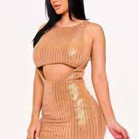 Rhinestone On Slinky Foil Crop Top Mini Dress