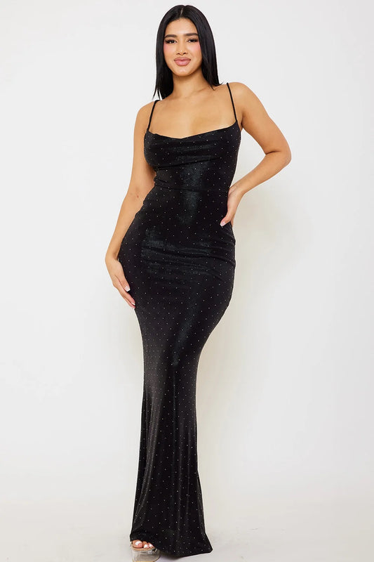 Rhinestone Slim Cowlneck Maxi Dress