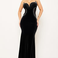 Rhinestone On Velvet With Mesh Panel Maxi Dress