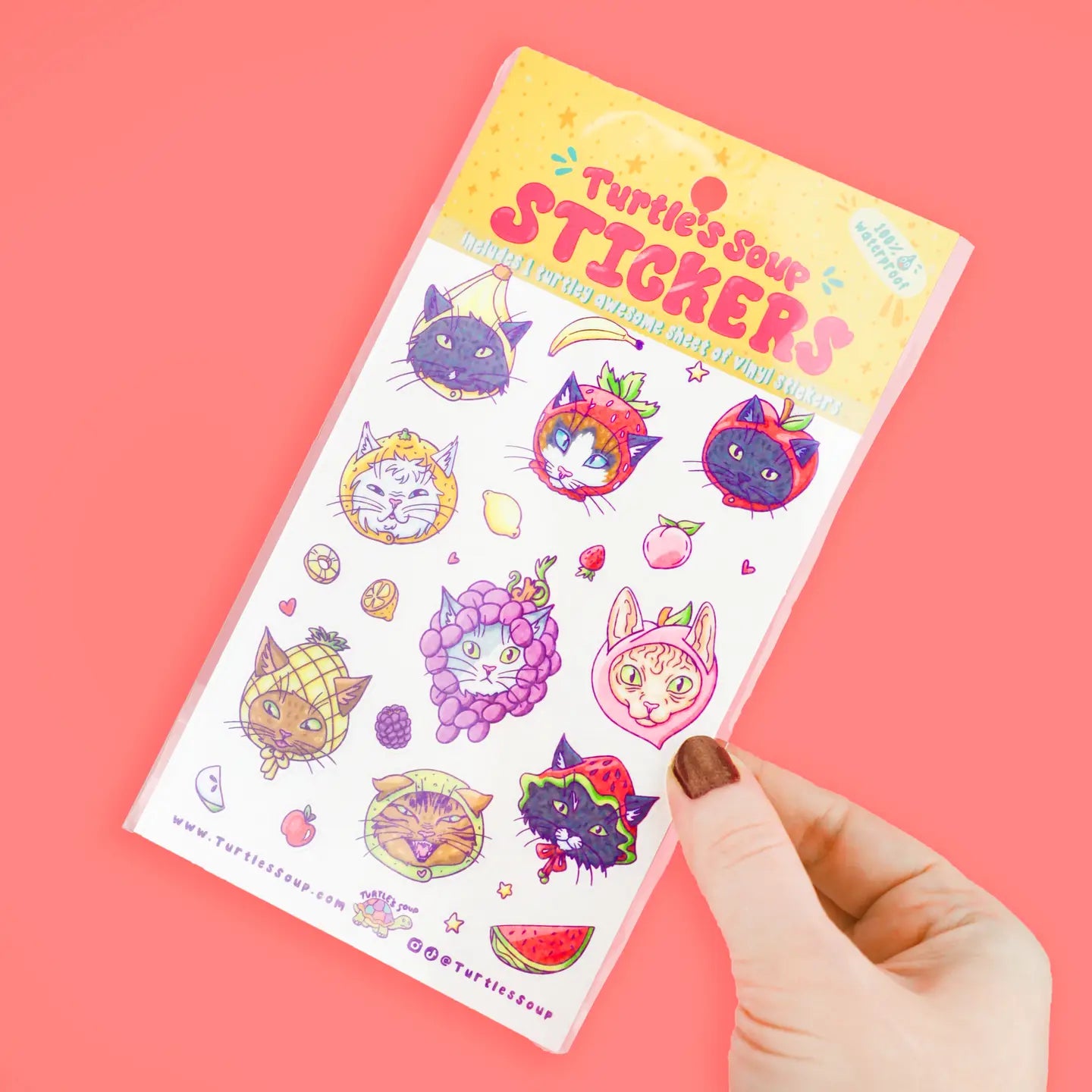 Fruit Hat Cats Cute Kitty Art Stationery Vinyl Sticker Sheet