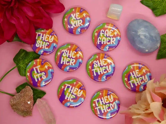 She Her Holo Rainbow Pronoun Pin