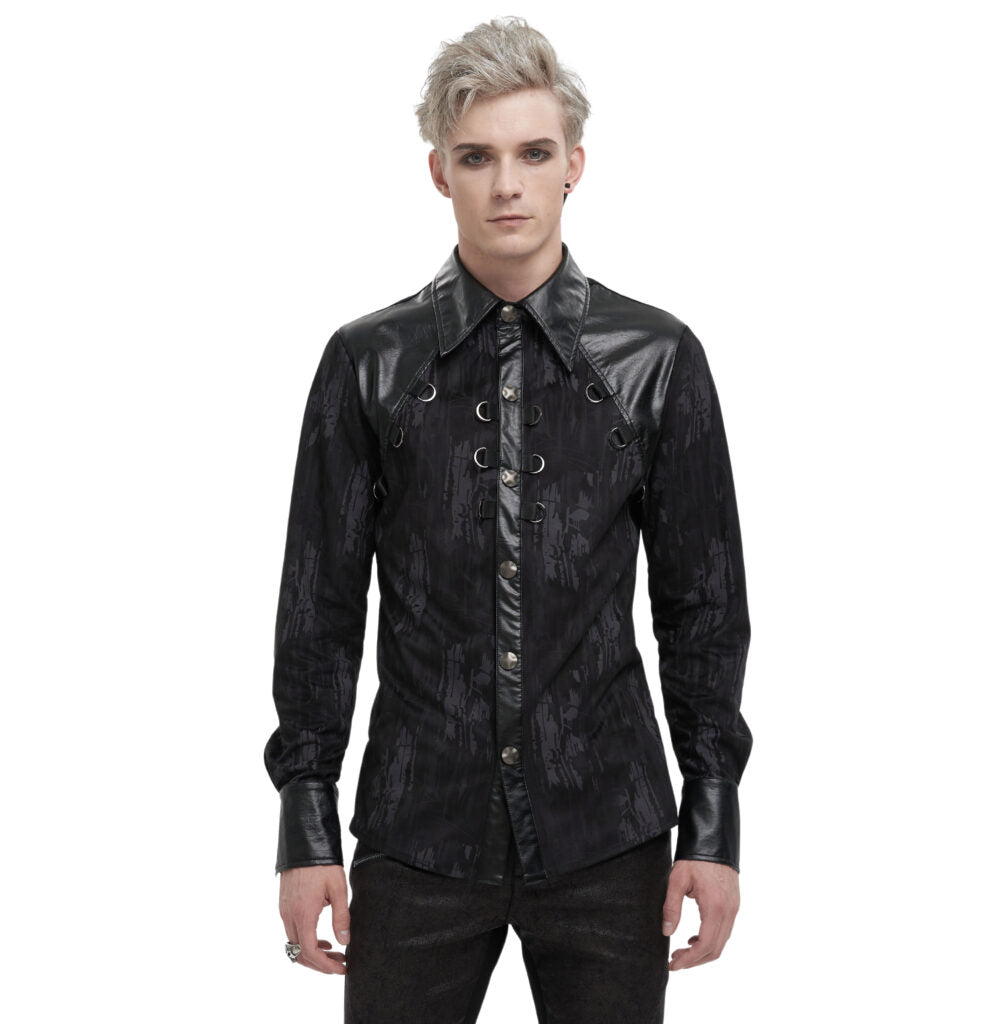 Pleather Print Button Up W Chain Shirt