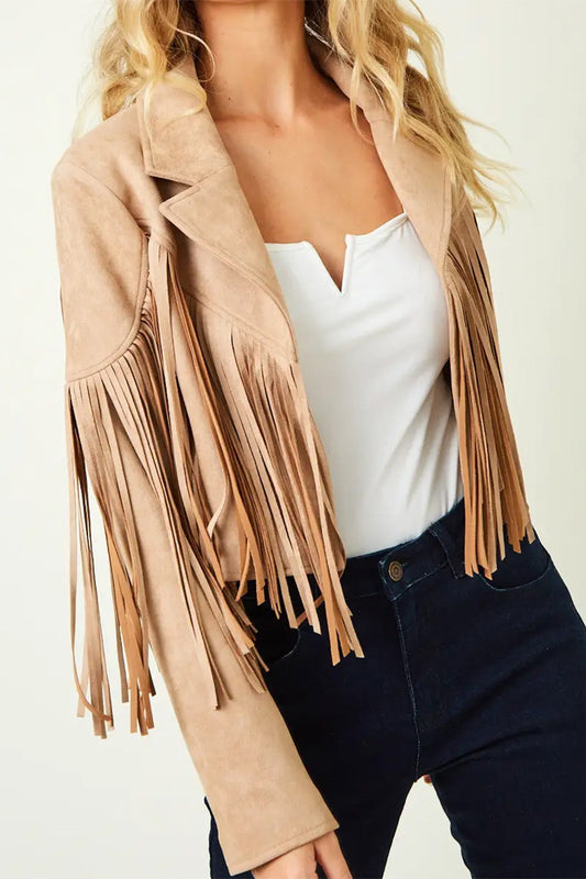 Fringe Suedette Moto Jacket Tan