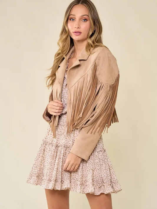 Fringe Suedette Moto Jacket Tan