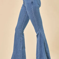 Midtone Denim Washed Flares With Fringed Bottom
