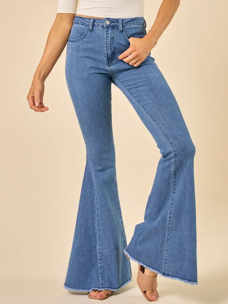 Midtone Denim Washed Flares With Fringed Bottom