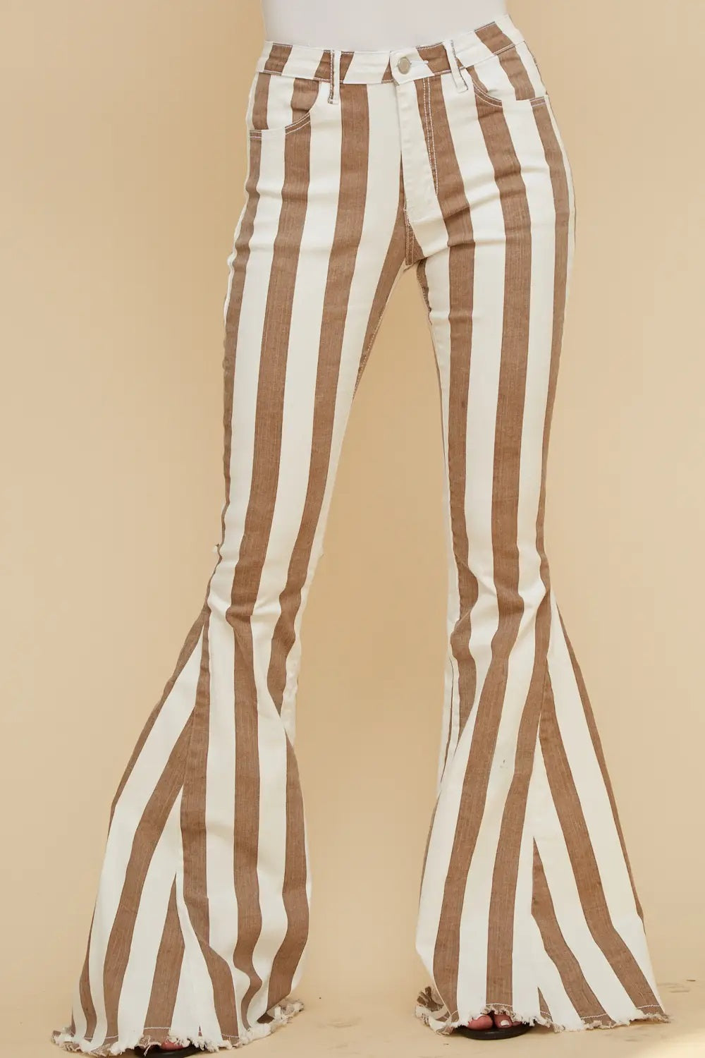 Striped Taupe/Rust Bell Bottom Jeans