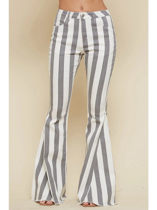 Charcoal Striped Washed Denim Bell Bottoms