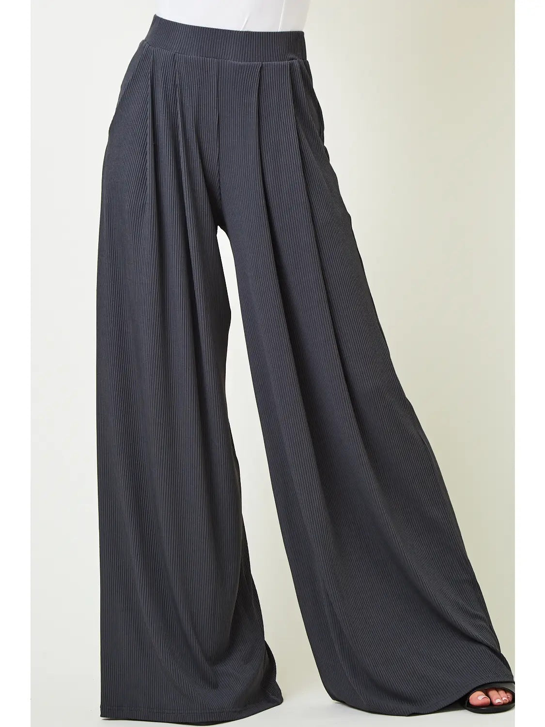 Charcoal Ribbed Knit Wide Leg Pants With Side Pockets