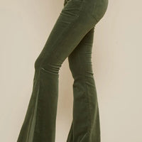 Olive Corduroy Flares With Distressed Hem
