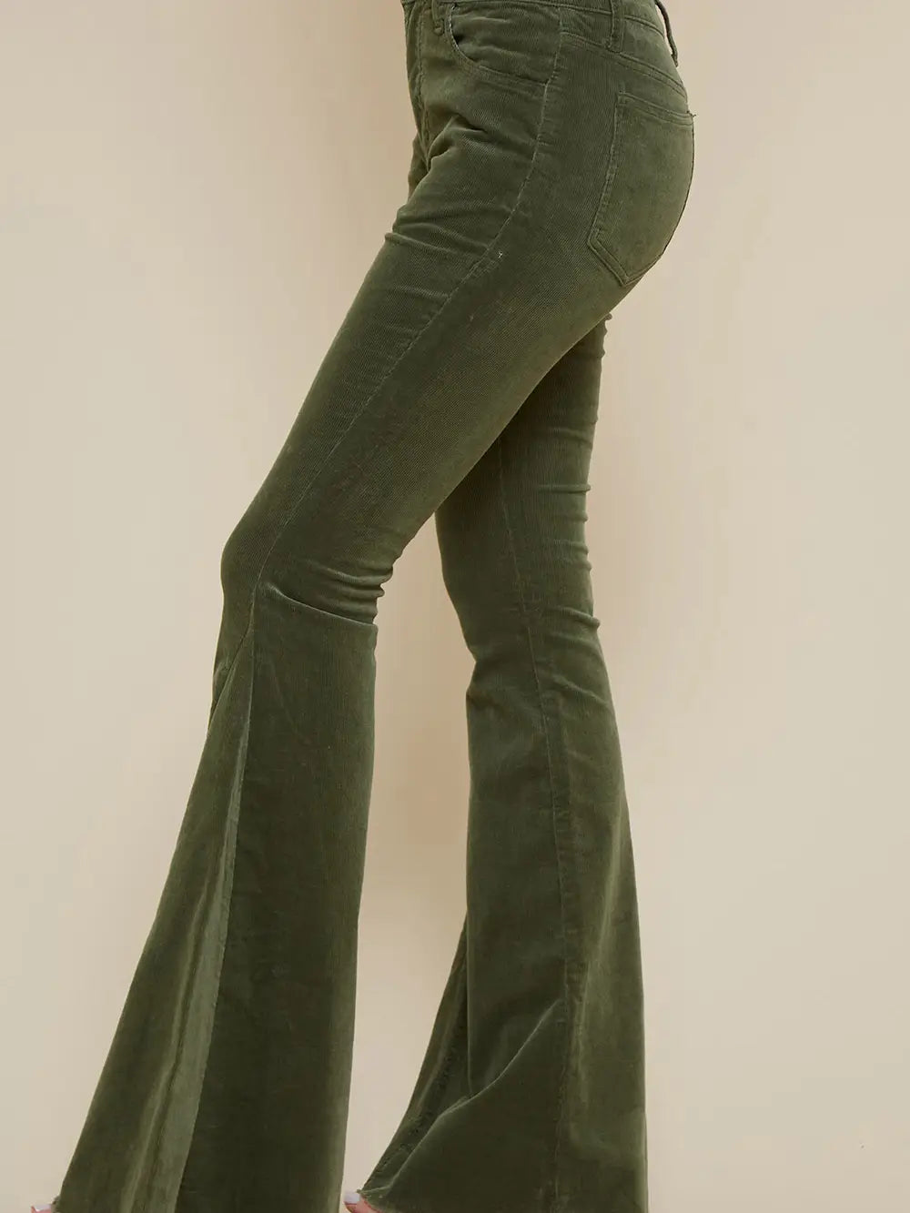 Olive Corduroy Flares With Distressed Hem