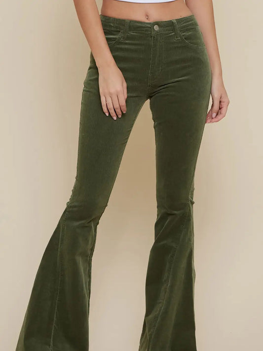 Olive Corduroy Flares With Distressed Hem