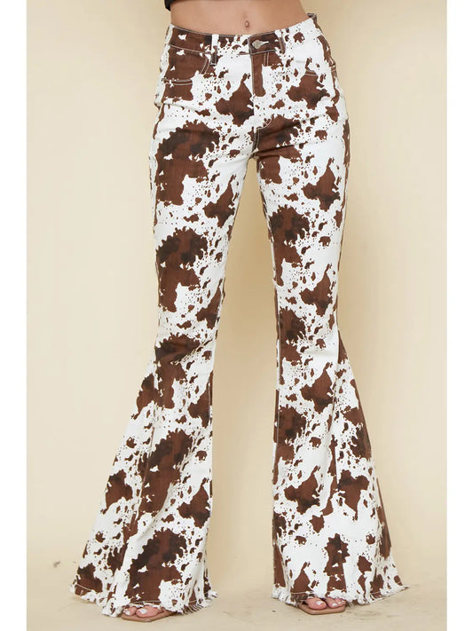 Ivory Brown Cow Print Flares