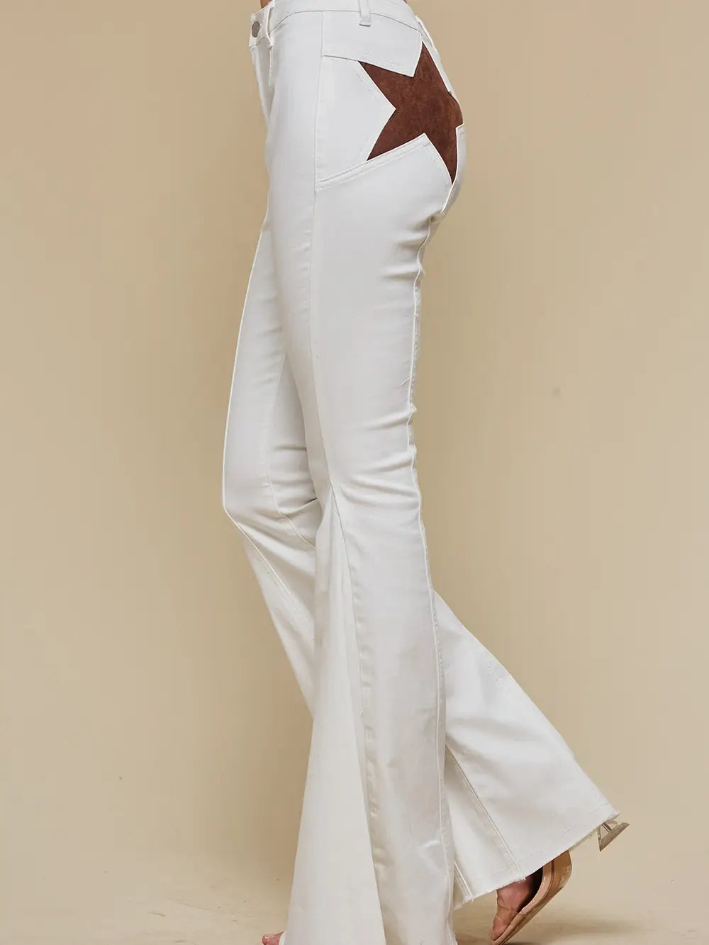 Ivory Brown Back Suede Star Bell Bottoms Denim