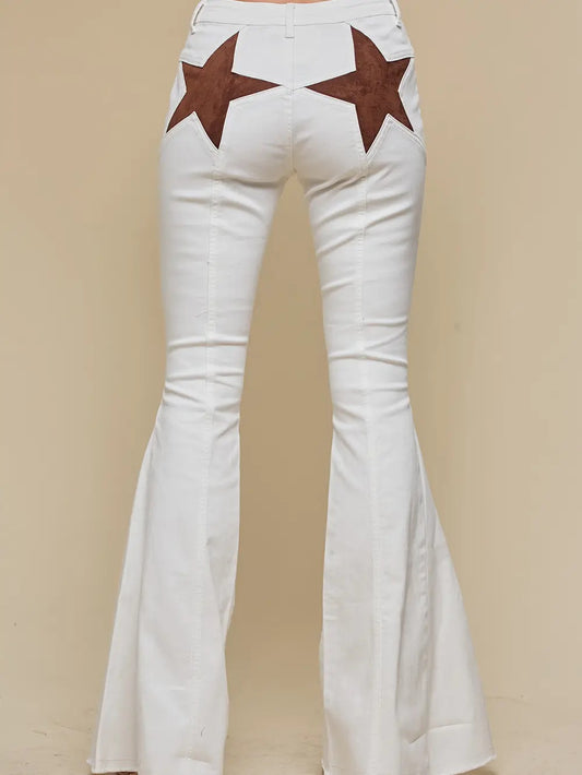 Ivory Brown Back Suede Star Bell Bottoms Denim