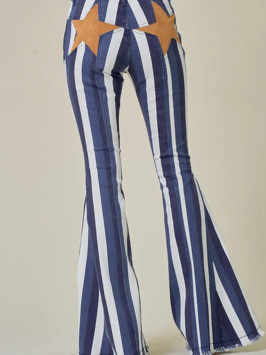 Multi Striped Flare Denim With Back Star Jeans