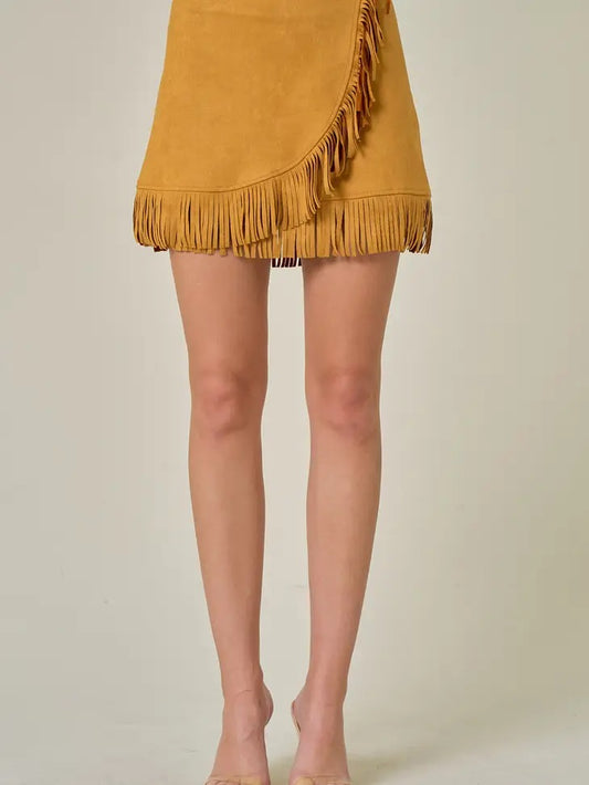 Suede Fringe Wrap Skirt