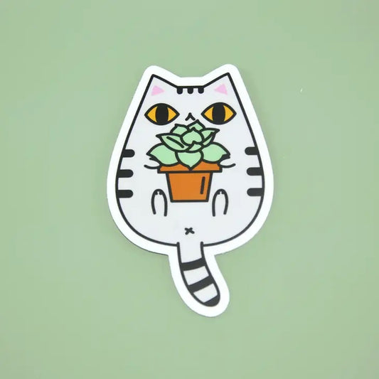 Gray Tabby Cat And Succulent Plant Sticker