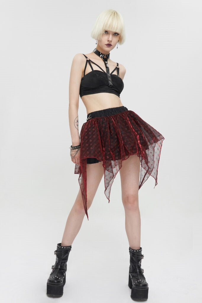 Red Mesh Ruffle Layered Mini Skirt