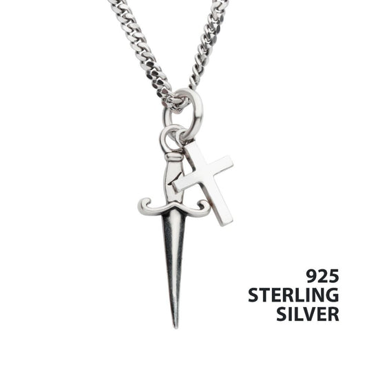 925 Silver Oxidized Dagger & Cross Duo Pendant with 20" Curb Chain