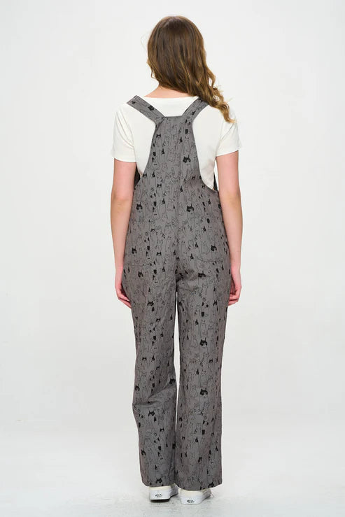 Multi Cat Print Cotton Jumpsuit Grey