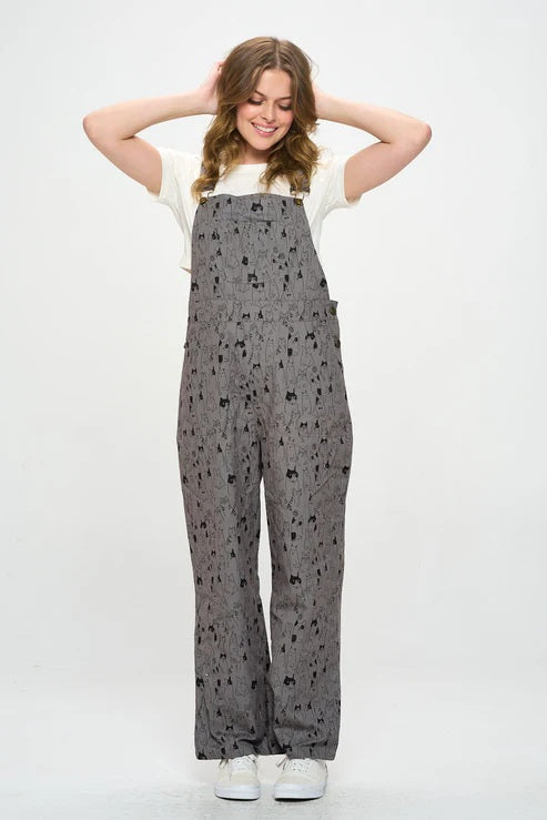 Multi Cat Print Cotton Jumpsuit Grey