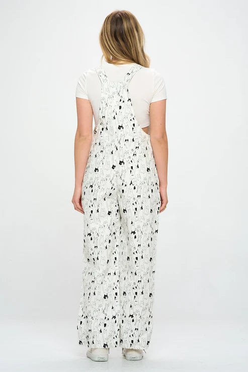 Multi Cat Print Cotton Jumpsuit White