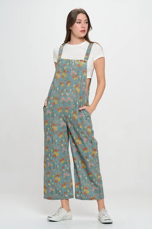 Wildflowers Print Floral Overalls Blue