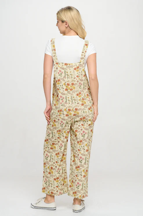 Wildflowers Print Floral Overalls Beige