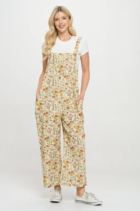 Wildflowers Print Floral Overalls Cream