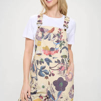 Beige Floral & Bird Print Overalls
