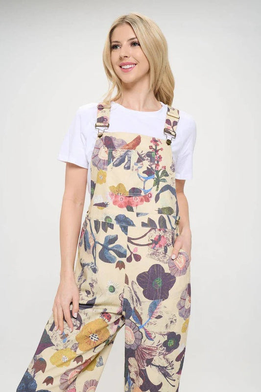 Beige Floral & Bird Print Overalls